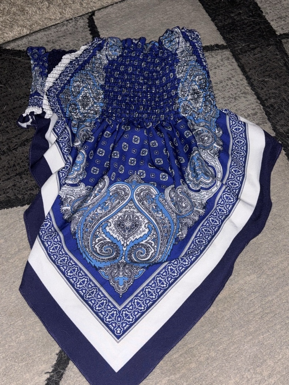 SHEIN Blue and White Paisley Smocked Crop Top